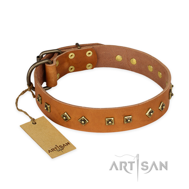 'Autumn Story' FDT Artisan Tan Leather German Shepherd Collar with Old Bronze Look Studs - 1 1/2 inch (40 mm) wide