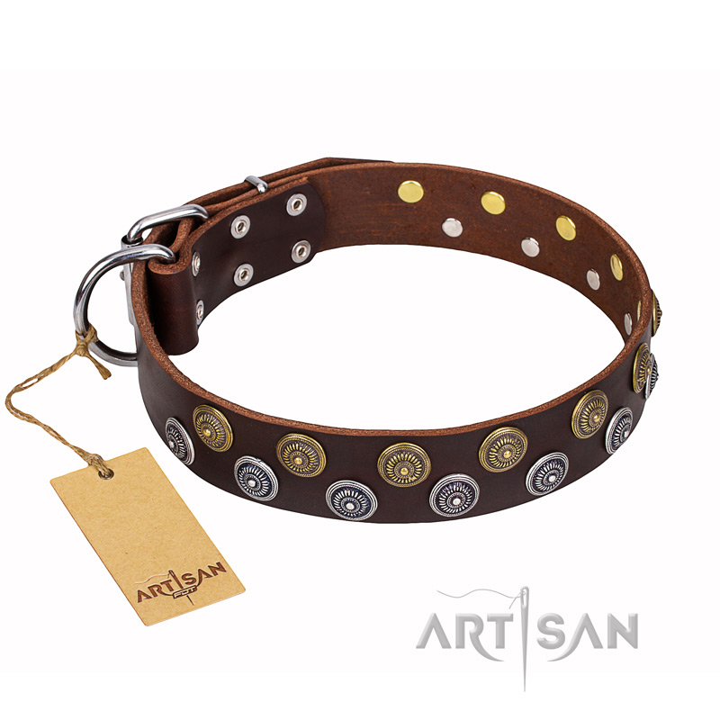 'Strong Shields' FDT Artisan Leather German Shepherd Collar with Bronze and Chrome Plated Decorations