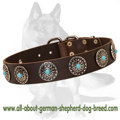 Designer Leather Collar with blue stones for German Shepherd