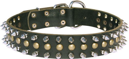 German Shepherd Leather Collar with Shiny Brass Studs and Nickel Spikes - Click Image to Close