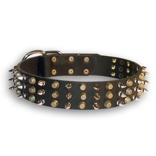 Fashionable Leather Collar with Nickel Spikes and Brass Studs for German Shepherd