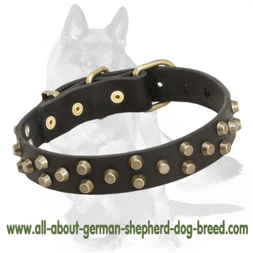 German Shepherd Fashion Leather Dog Collar with Brass Pyramids