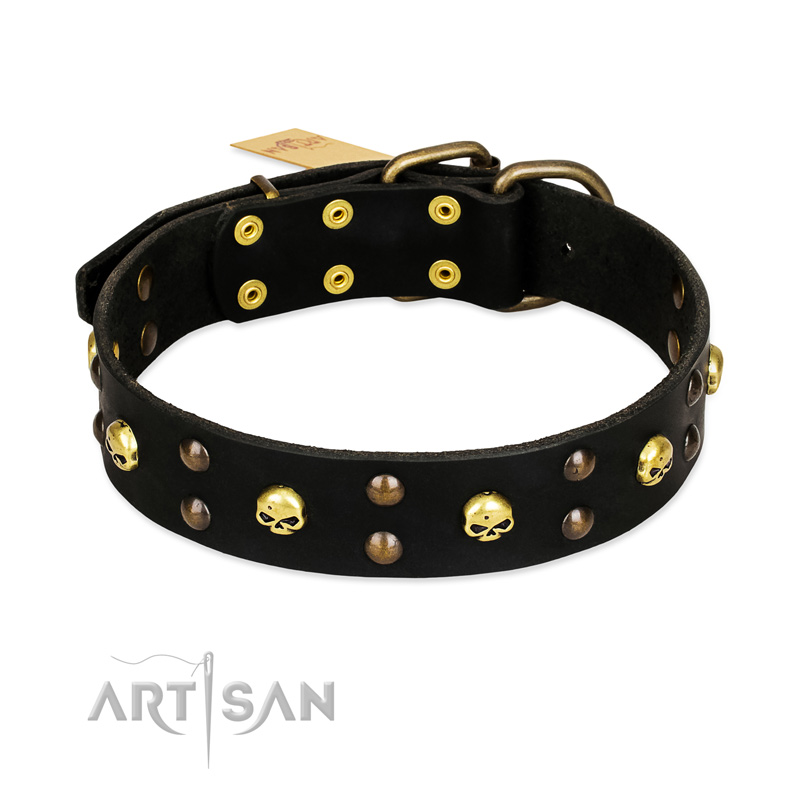 FDT Artisan 'Heavy Metal' Leather German Shepherd Collar with Skulls and Studs 1 1/2 inch (40 mm)