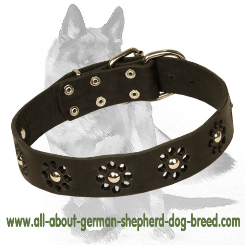 German Shepherd Floral Leather Dog Collar