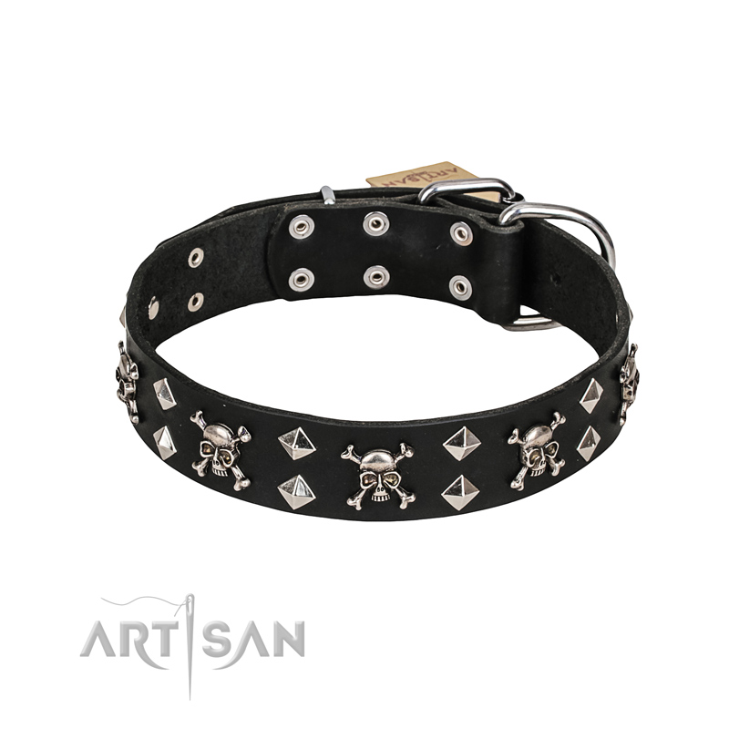 FDT Artisan 'Rock 'n' Roll Style' Leather German Shepherd Collar with Skulls, Bones and Studs 1 1/2 inch (40 mm) wide