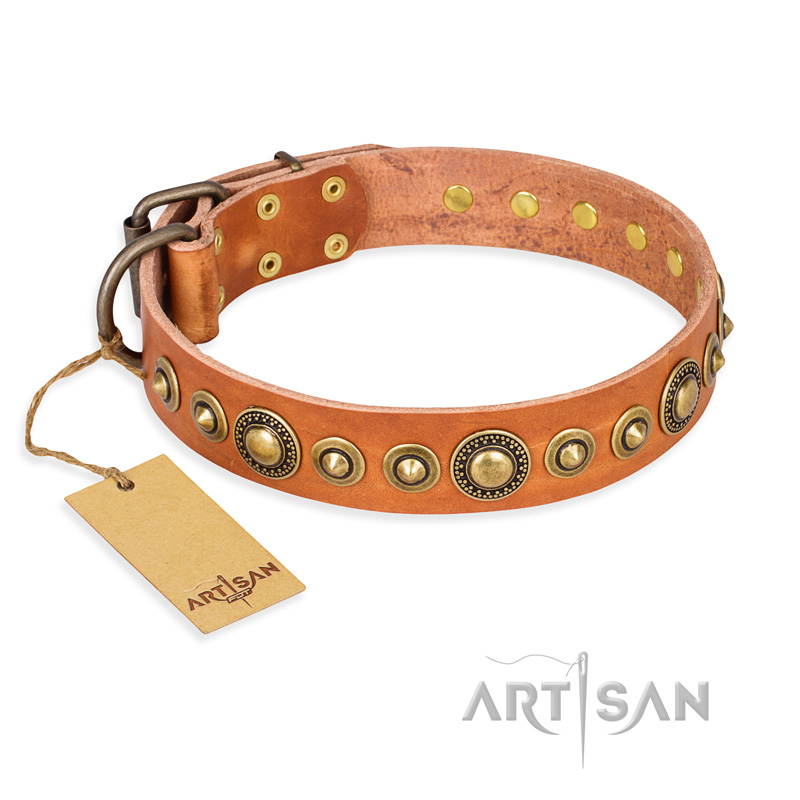 'Feast of Luxury' FDT Artisan German Shepherd Tan Leather Dog Collar with Old Bronze-Like Plated Studs - 1 1/2 inch (40 mm) wide
