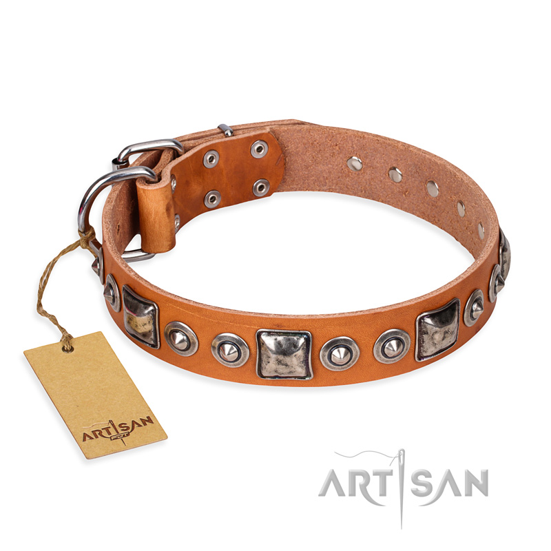 'Era of Future' FDT Artisan Handcrafted Tan Leather German Shepherd Dog Collar with Decorations