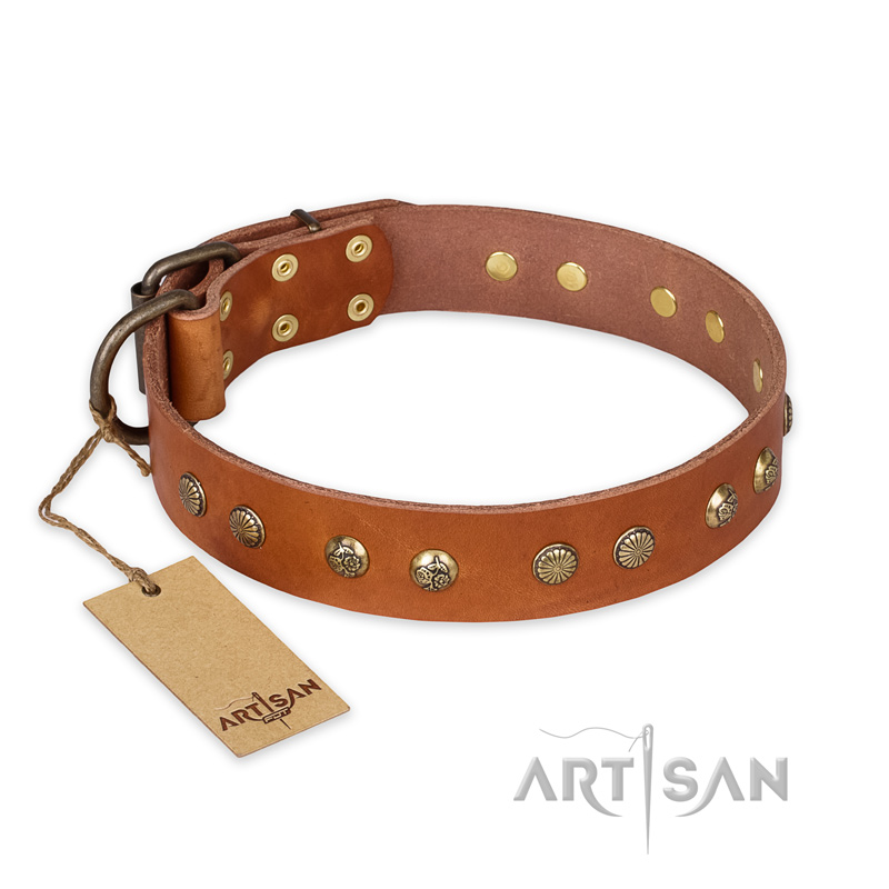 'Spring Flavor' FDT Artisan German Shepherd Tan Leather Dog Collar with Old Bronze-Like Plated Studs 1 1/2 inch (40 mm) wide