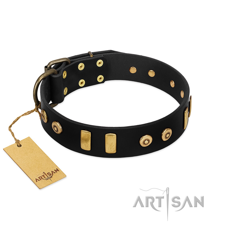 "Rare Dog" FDT Artisan Black Leather German Shepherd Collar with Old Bronze-like Dotted Studs and Tiles