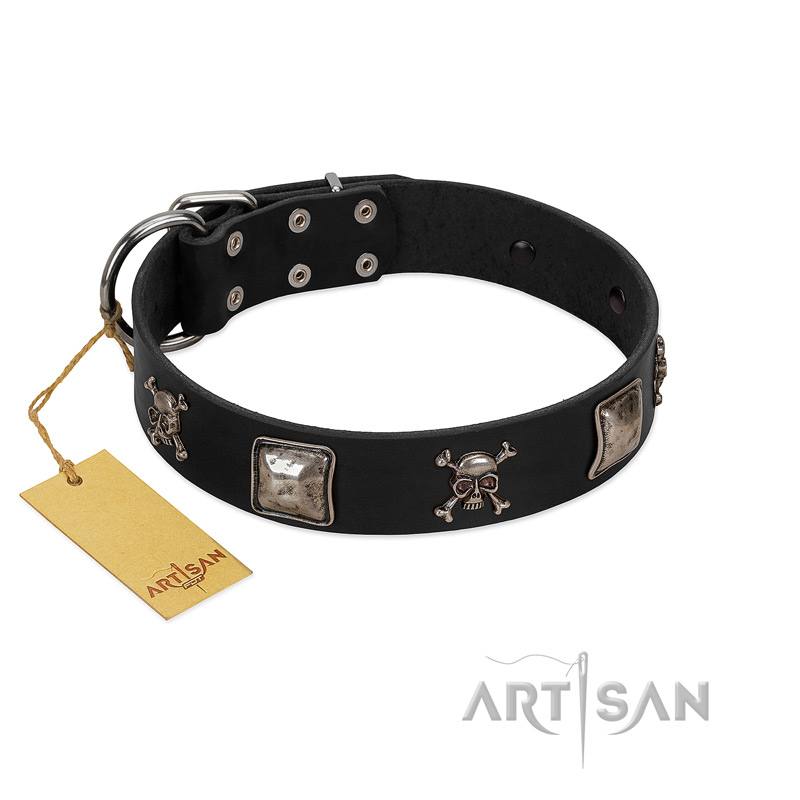 "Sea Rover" Embellished FDT Artisan Black Leather German Shepherd Collar with Chrome Plated Crossbones and Plates