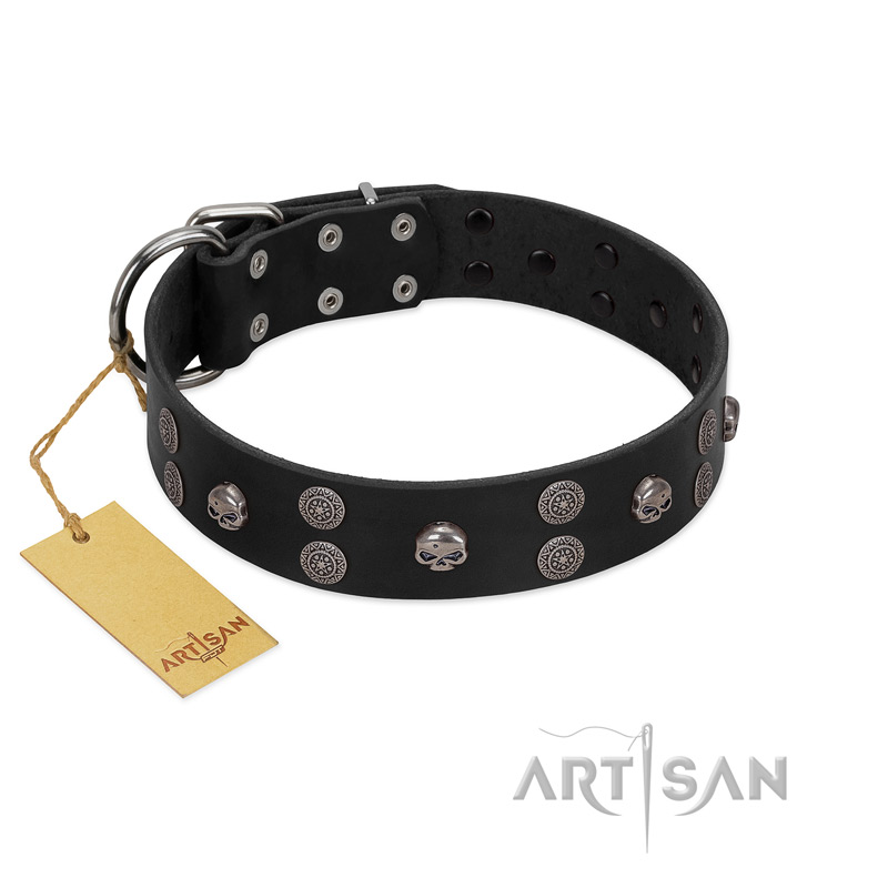 "Skull Art" Designer Handmade FDT Artisan Black Leather German Shepherd Collar with Skulls