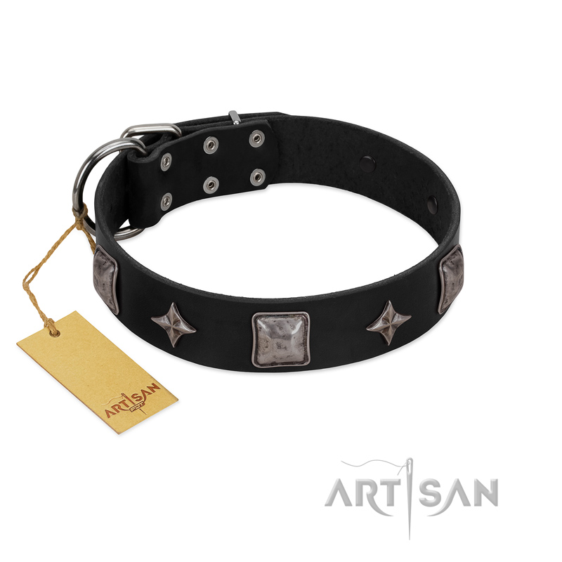 "Black Cavalier" Handmade FDT Artisan Black Leather German Shepherd Collar with Silver-Like Stars and Large Plates
