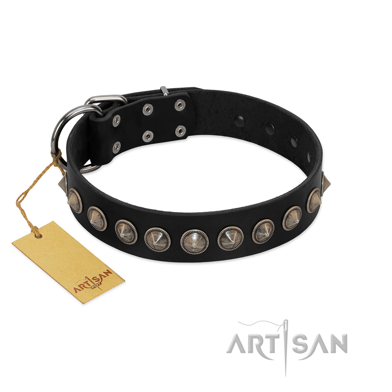 "Black Eagle" Handcrafted FDT Artisan Black Leather German Shepherd Collar with Silver-Like Adornments