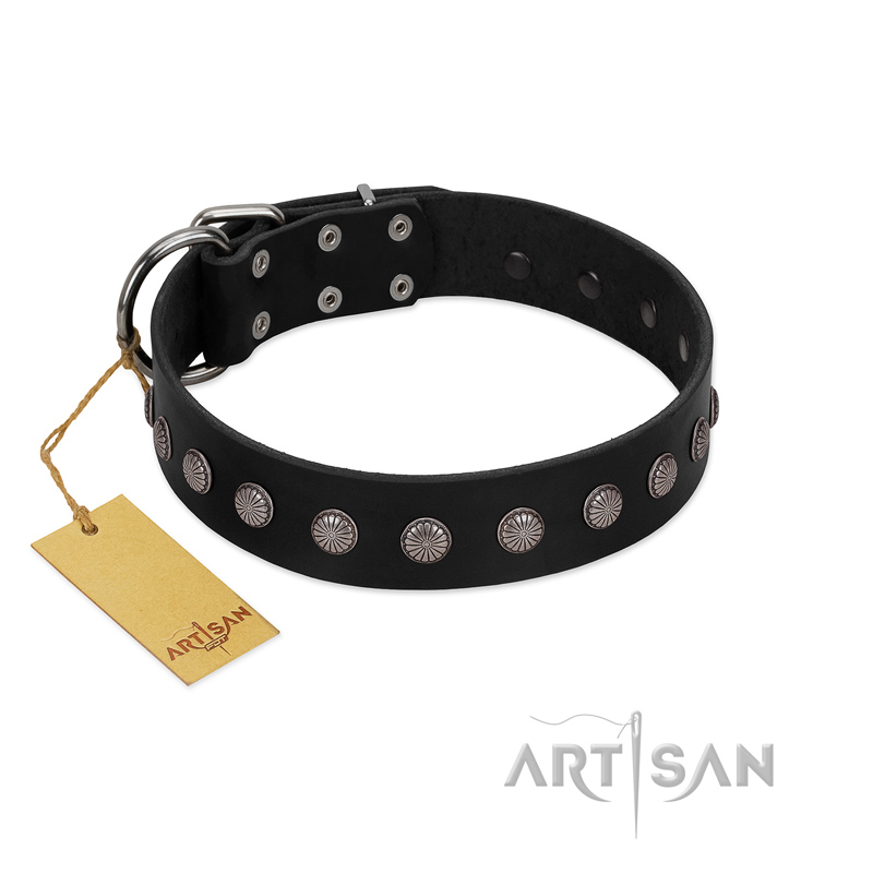 "Silver Flower" Exclusive FDT Artisan Black Leather German Shepherd Collar with Silver-Like Studs