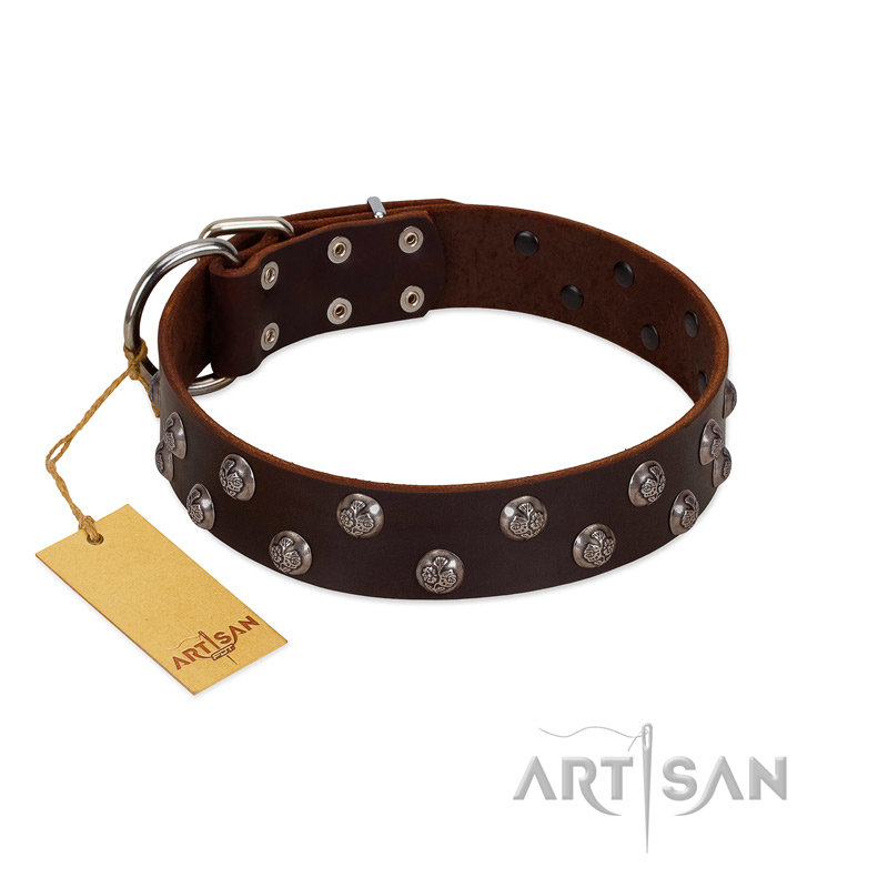 "Blossom Jewel" FDT Artisan Brown Leather German Shepherd Collar with Two Rows of Silver-like Studs with Engraved Flowers