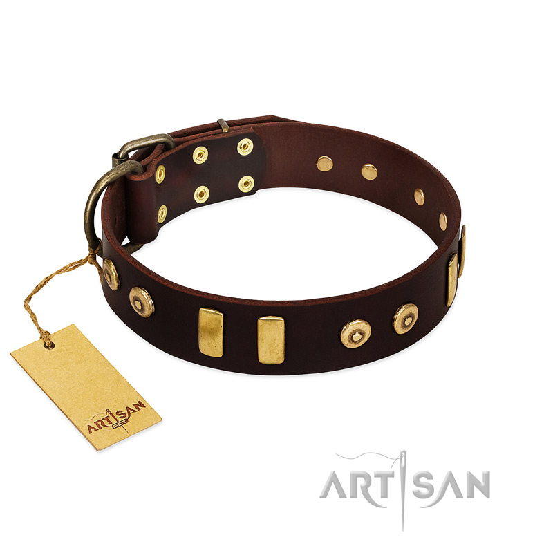 "Lord of Dogs" FDT Artisan Brown Leather German Shepherd Collar with Old Bronze-like Dotted Studs and Tiles
