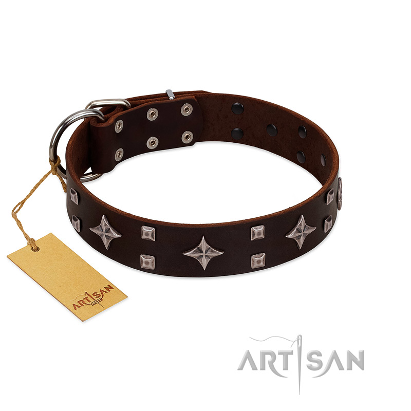 "Trendy Candy" FDT Artisan Brown Leather German Shepherd Collar Adorned with Stars and Tiny Squares