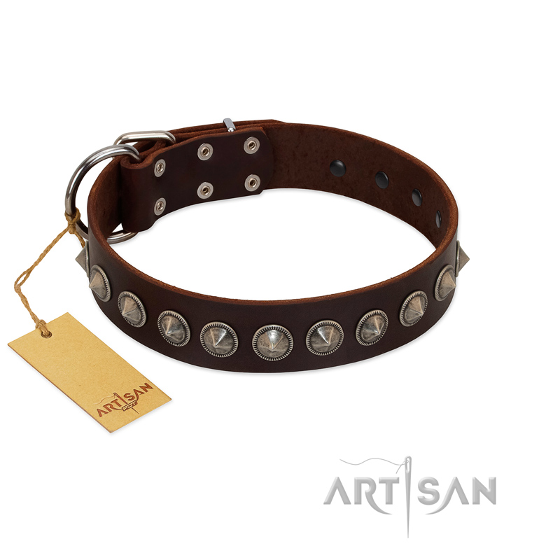 "Gothic Style" FDT Artisan Fancy Brown Leather German Shepherd Collar with Silver-Like Decorations