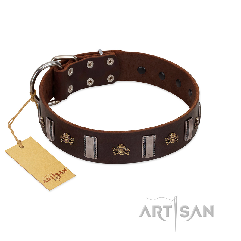 "War Chief" FDT Artisan Genuine Brown Leather German Shepherd Collar with Skulls and Plates - Click Image to Close