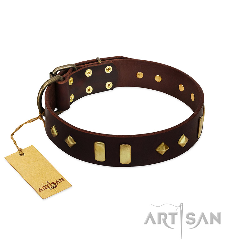 "Blinking Illusion" FDT Artisan Brown Leather German Shepherd Collar with Old Bronze-like Studs and Plates