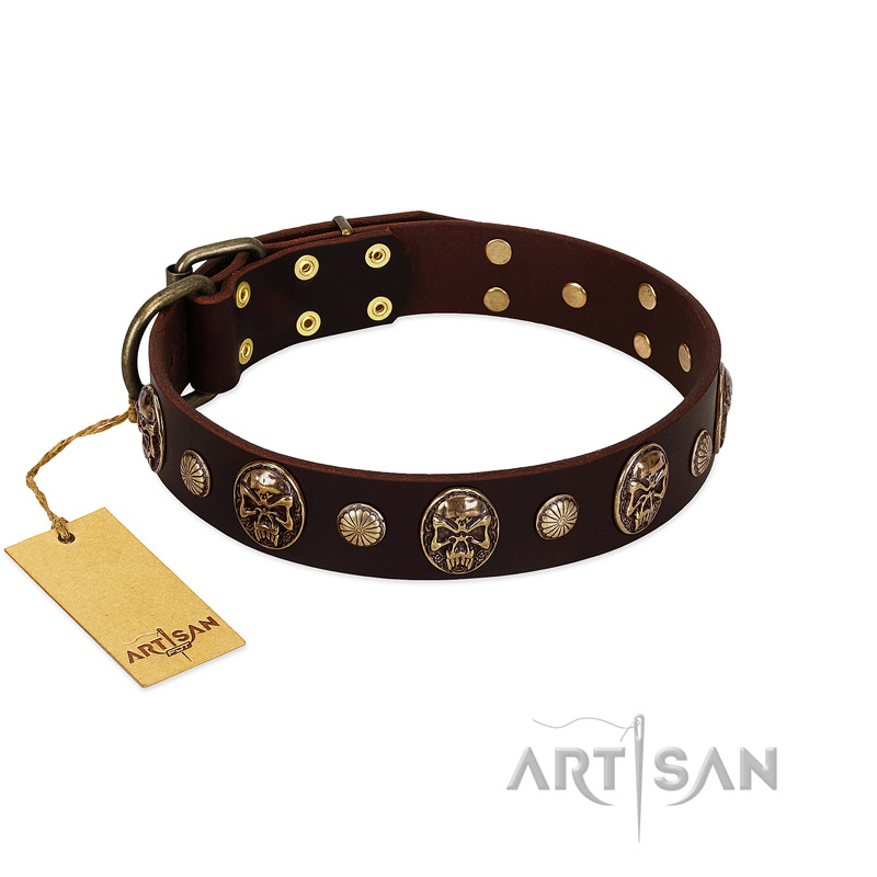 "Snazzy Paws" FDT Artisan Brown Leather German Shepherd Collar Adorned with Conchos and Medallions