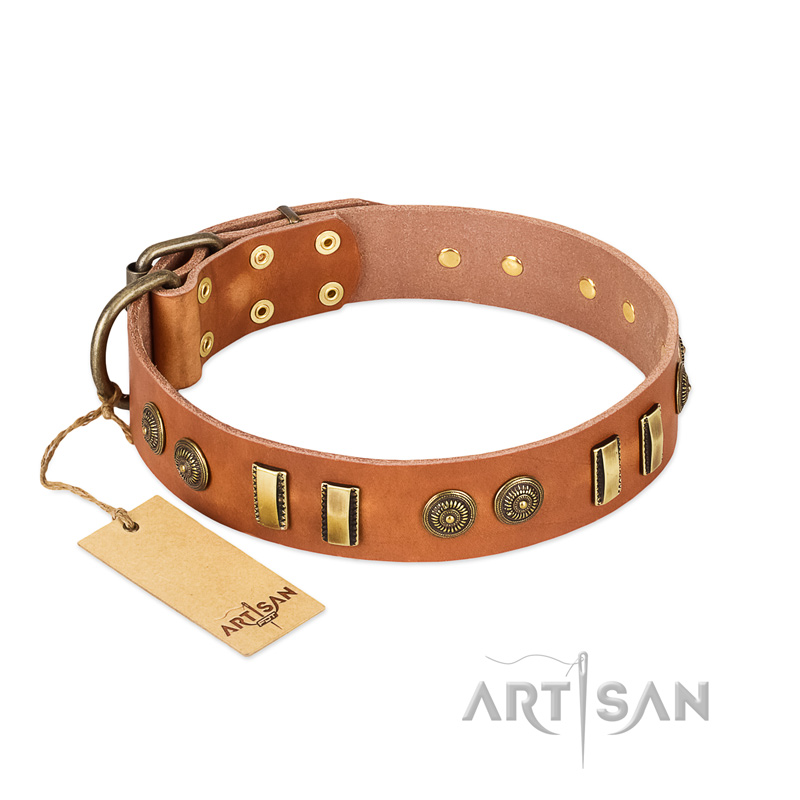 "Natural Beauty" FDT Artisan Tan Leather German Shepherd Collar with Old Bronze-like Circles and Plates