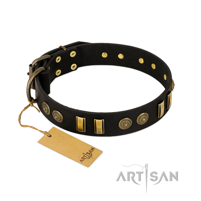 "Simple Elegance" FDT Artisan Black Leather German Shepherd Collar with Old Bronze-like Plates and Circles