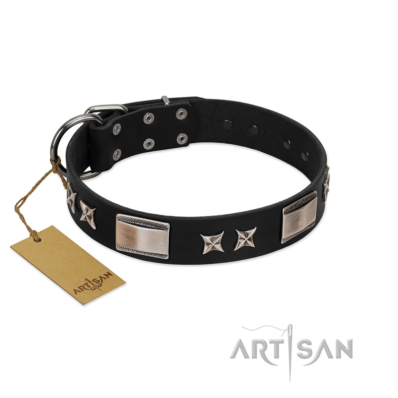 "Pitch Dark" FDT Artisan Black Leather German Shepherd Collar with Stars and Plates