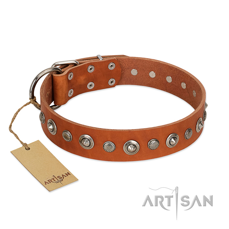 "Gorgeous Roundie" FDT Artisan Tan Leather German Shepherd Collar with Chrome-plated Circles