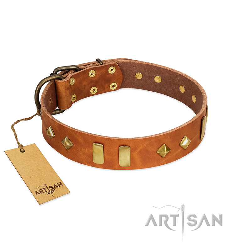 "Woofy Dawn" FDT Artisan Tan Leather German Shepherd Collar with Plates and Rhombs