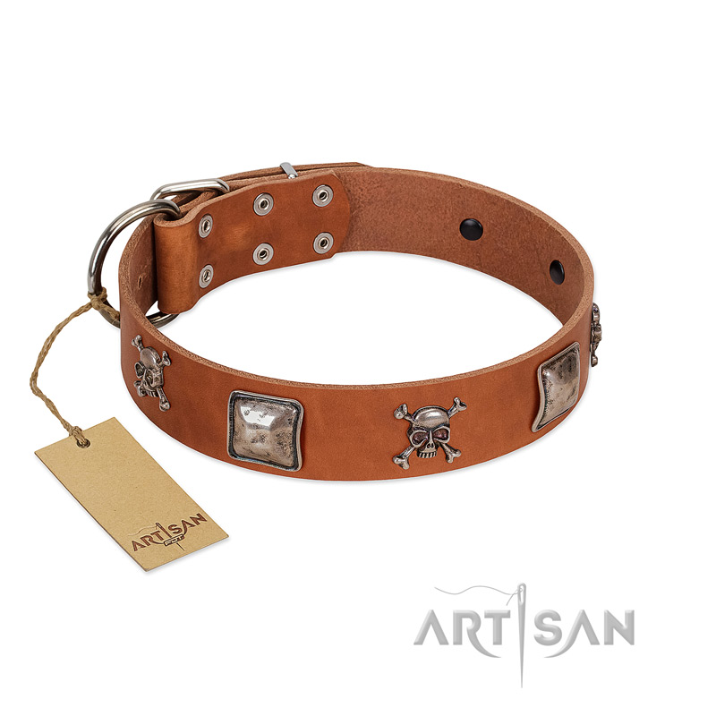 "Amorous Escapade" Embellished FDT Artisan Tan Leather German Shepherd Collar with Chrome Plated Crossbones and Plates