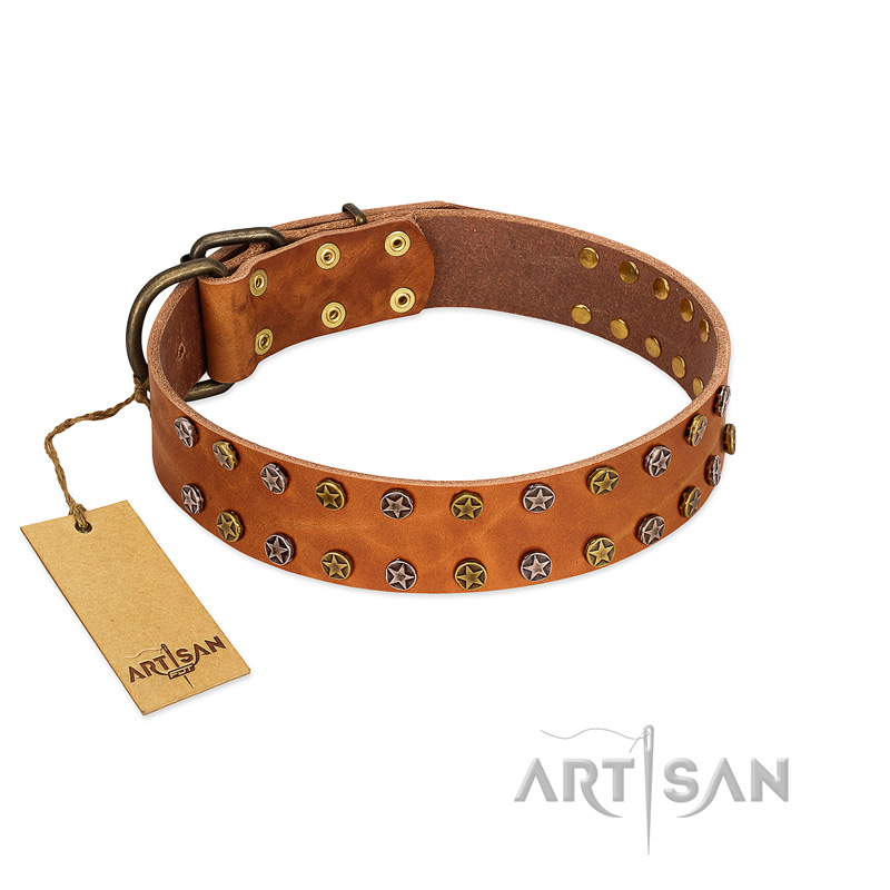 "Walk and Shine" FDT Artisan Tan Leather German Shepherd Collar with Antiqued Studs