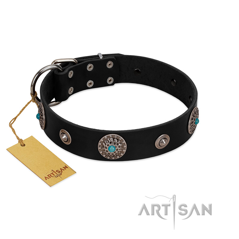 "Blue Gems" FDT Artisan Black Leather German Shepherd Collar with Chrome Plated Studs and Conchos