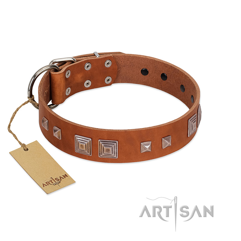 "Egyptian Gifts" Handmade FDT Artisan Tan Leather German Shepherd Collar with Chrome-plated Pyramids