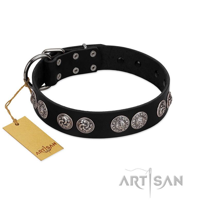 "Magic Amulete" Handcrafted FDT Artisan Black Leather German Shepherd Collar with Chrome-Plated Shields