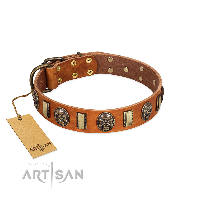 "Strike of Rock" FDT Artisan Tan Leather German Shepherd Collar with Plates and Medallions with Skulls