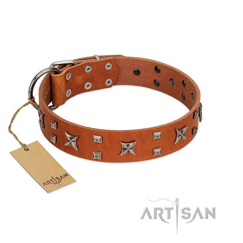 "Faraway Galaxy" FDT Artisan Tan Leather German Shepherd Collar Adorned with Stars and Squares - Click Image to Close