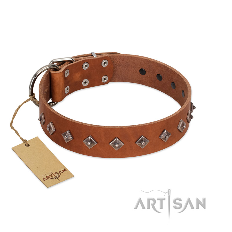 "Broadway" Handmade FDT Artisan Tan Leather German Shepherd Collar with Dotted Pyramids