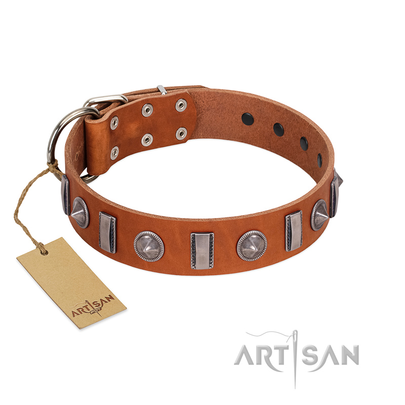 "Luxurious Necklace" FDT Artisan Tan Leather German Shepherd Collar with Silver-Like Adornments