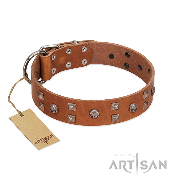 "Enchanted Skulls" FDT Artisan Tan Leather German Shepherd Collar with Chrome Plated Skulls