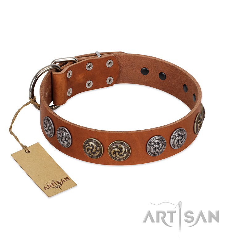 "Luxurious Life" Premium Quality FDT Artisan Tan Leather German Shepherd Collar with Round Adornments