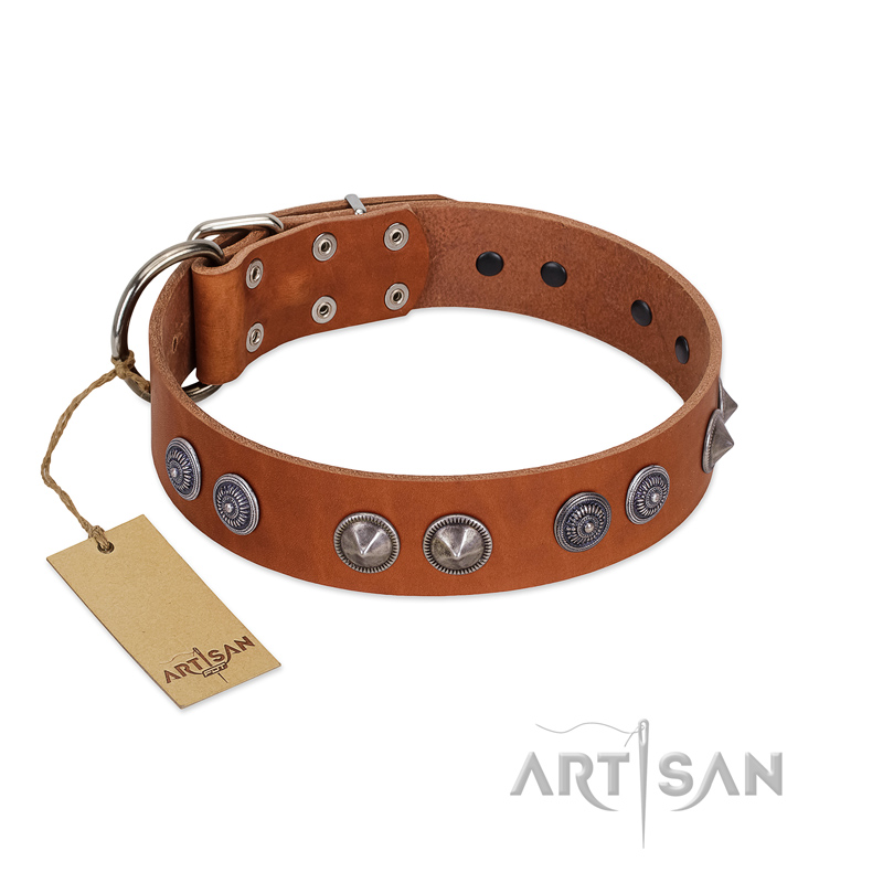 "Silver Necklace" Incredible FDT Artisan Tan Leather German Shepherd Colar with Silver-Like Adornments
